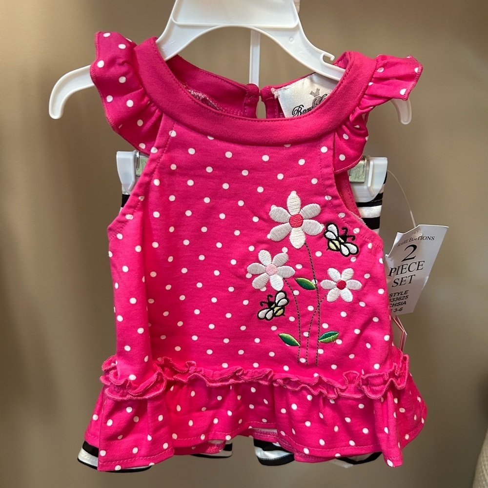 Rare Editions Baby Girl 2 Piece Outfit NWT 3-6M Pink Polka Dot Floral Set